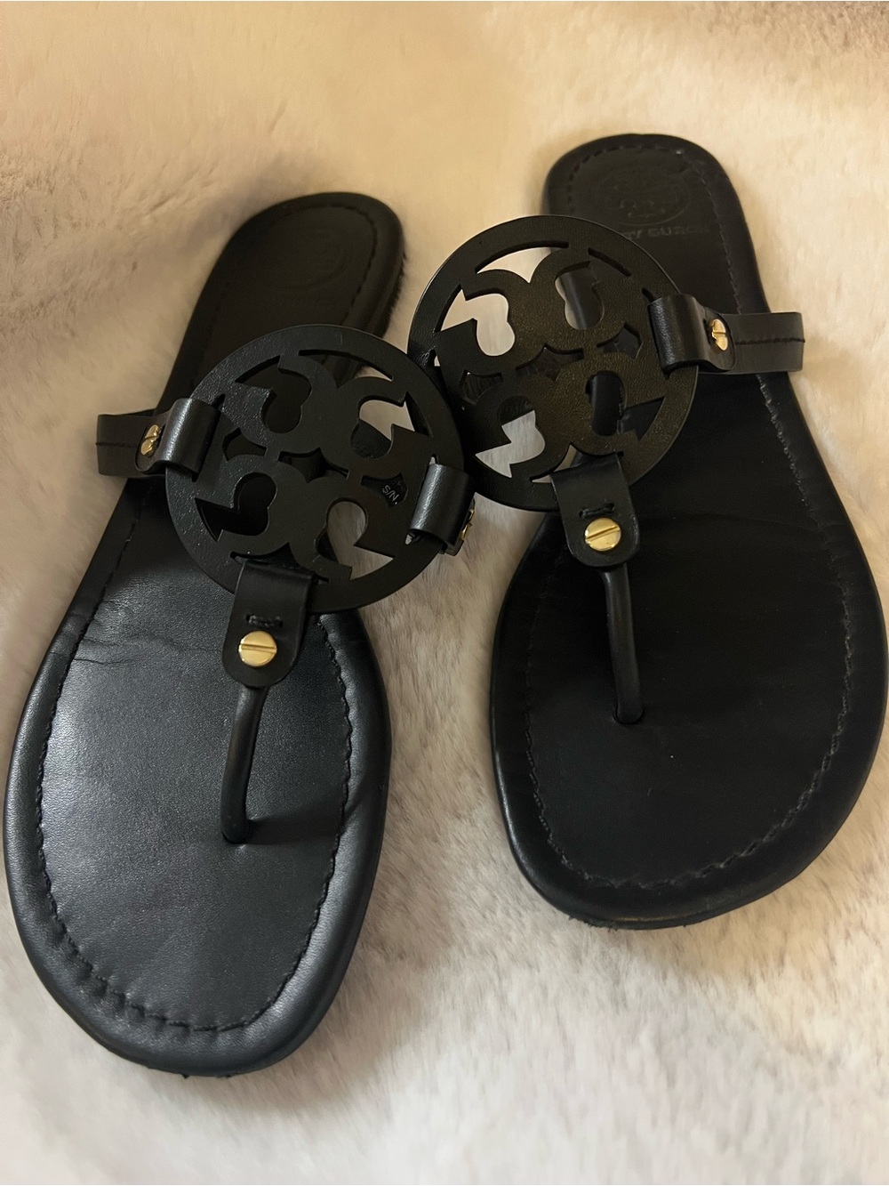 Tory Burch miller Black Leather Logo Toe-Post Sandals with Gold Studs